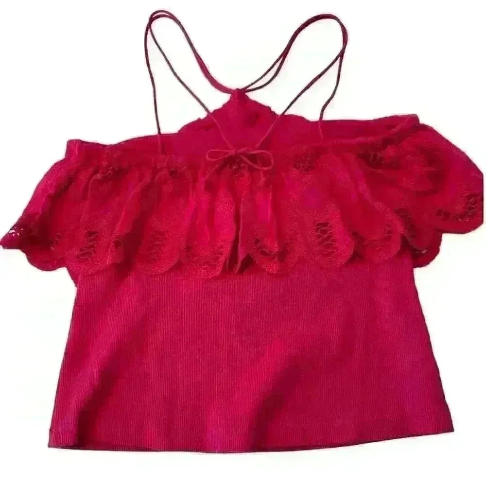 Anthropologie Ruffled Halter Medium Pink Embroidered Crochet Tank Blouse Size S - Picture 4 of 9